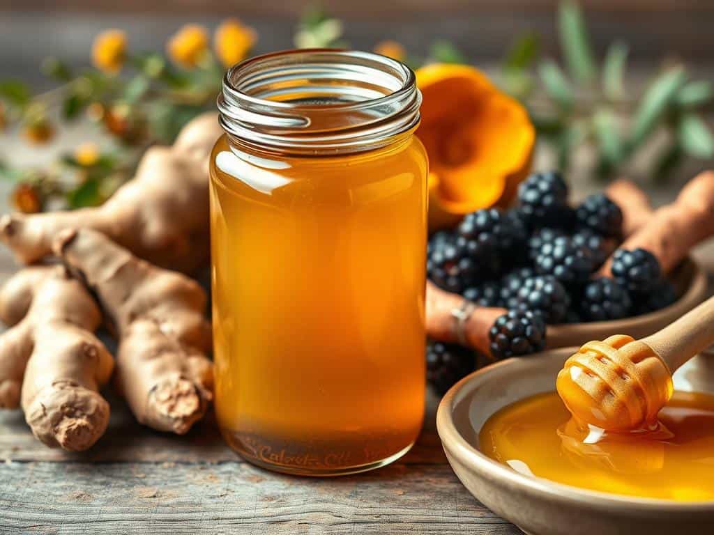 Ginger, turmeric, honey, and elderberry syrup natural remedies